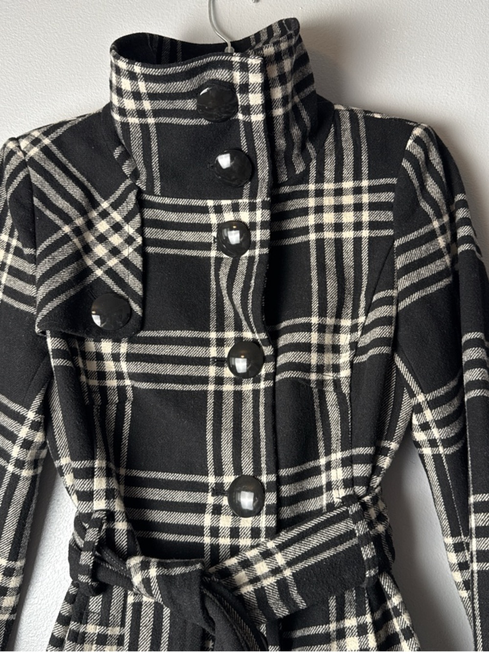 Vintage Express Black & Cream Plaid Belted Fit-and-Flare Coat Wool Blend - Picture 5 of 8